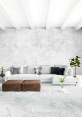 Beyaz yatak odası en az stil iç tasarım ahşap duvar ve gri Kanepeli. 3D render.