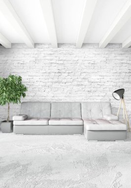 Beyaz yatak odası en az stil iç tasarım ahşap duvar ve gri Kanepeli. 3D render.