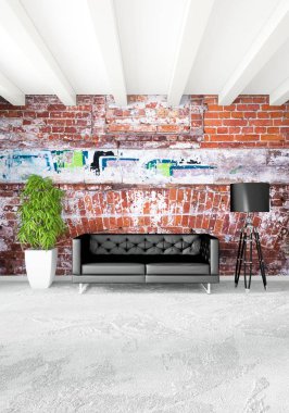 Beyaz yatak odası en az stil iç tasarım ahşap duvar ve gri Kanepeli. 3D render.