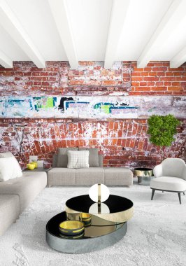 Beyaz yatak odası en az stil iç tasarım ahşap duvar ve gri Kanepeli. 3D render.