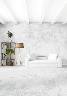 Beyaz yatak odası en az stil iç tasarım ahşap duvar ve gri Kanepeli. 3D render.