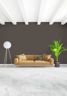 Beyaz yatak odası en az stil iç tasarım ahşap duvar ve gri Kanepeli. 3D render.