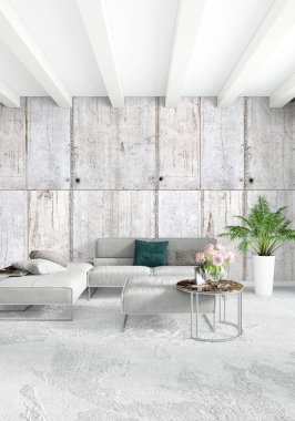 Beyaz yatak odası en az stil iç tasarım ahşap duvar ve gri Kanepeli. 3D render.