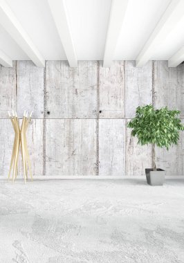 Beyaz yatak odası en az stil iç tasarım ahşap duvar ve gri Kanepeli. 3D render.