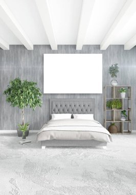 Beyaz yatak odası en az stil iç tasarım ahşap duvar ve gri Kanepeli. 3D render.