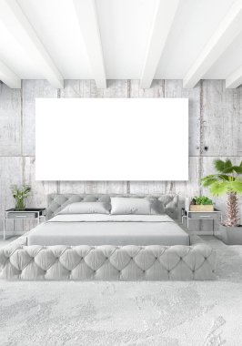 Beyaz yatak odası en az stil iç tasarım ahşap duvar ve gri Kanepeli. 3D render.