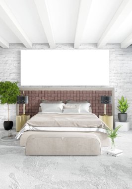 Beyaz yatak odası en az stil iç tasarım ahşap duvar ve gri Kanepeli. 3D render.