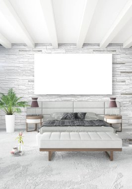 Beyaz yatak odası en az stil iç tasarım ahşap duvar ve gri Kanepeli. 3D render.
