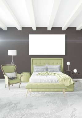 Beyaz yatak odası en az stil iç tasarım ahşap duvar ve gri Kanepeli. 3D render.