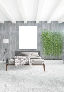 Beyaz yatak odası en az stil iç tasarım ahşap duvar ve gri Kanepeli. 3D render.