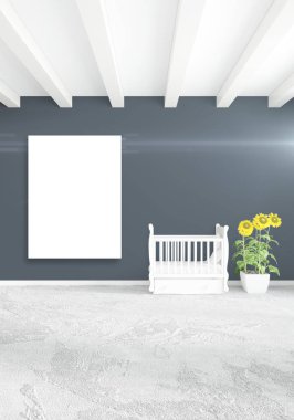 Beyaz yatak odası en az stil iç tasarım ahşap duvar ve gri Kanepeli. 3D render.