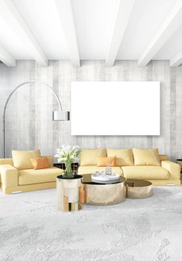 Modern yatak odası sarı kanepe lüks en az tarzı iç çatı tasarımı ile eklektik duvar. 3D render.