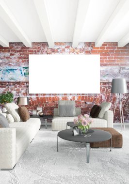 Beyaz yatak odası en az stil iç tasarım ahşap duvar ve gri Kanepeli. 3D render.