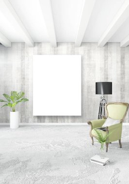 Beyaz yatak odası en az stil iç tasarım ahşap duvar ve gri Kanepeli. 3D render.