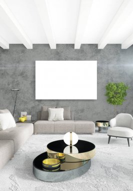 Beyaz yatak odası en az stil iç tasarım ahşap duvar ve gri Kanepeli. 3D render.