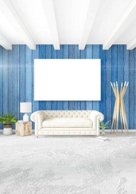 Beyaz yatak odası en az stil iç tasarım ahşap duvar ve gri Kanepeli. 3D render.