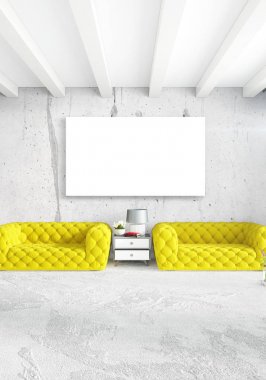 Beyaz yatak odası en az stil iç tasarım ahşap duvar ve gri Kanepeli. 3D render.