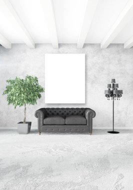 Beyaz yatak odası en az stil iç tasarım ahşap duvar ve gri Kanepeli. 3D render.