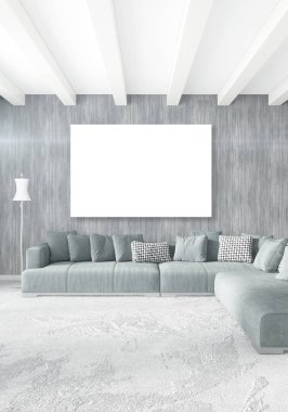 Beyaz yatak odası en az stil iç tasarım ahşap duvar ve gri Kanepeli. 3D render.