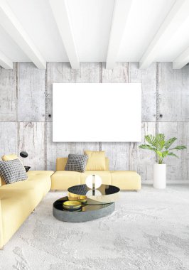 Beyaz yatak odası en az stil iç tasarım ahşap duvar ve gri Kanepeli. 3D render.