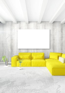 Beyaz yatak odası en az stil iç tasarım ahşap duvar ve gri Kanepeli. 3D render.