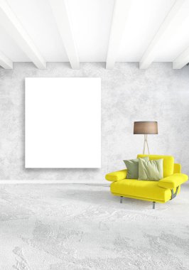 Beyaz yatak odası en az stil iç tasarım ahşap duvar ve gri Kanepeli. 3D render.