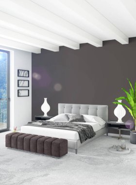Beyaz yatak odası en az stil iç tasarım ahşap duvar ve gri Kanepeli. 3D render.
