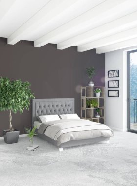 Beyaz yatak odası en az stil iç tasarım ahşap duvar ve gri Kanepeli. 3D render.