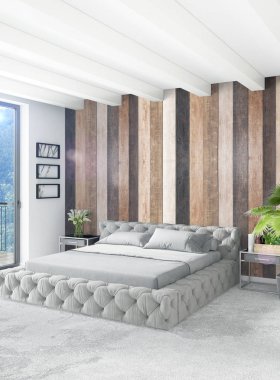 Beyaz yatak odası en az stil iç tasarım ahşap duvar ve gri Kanepeli. 3D render.