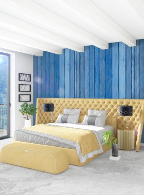 Beyaz yatak odası en az stil iç tasarım ahşap duvar ve gri Kanepeli. 3D render.