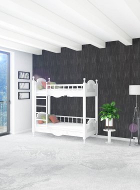 Beyaz yatak odası en az stil iç tasarım ahşap duvar ve gri Kanepeli. 3D render.