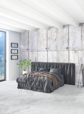 Beyaz yatak odası en az stil iç tasarım ahşap duvar ve gri Kanepeli. 3D render.