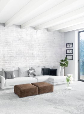 Beyaz yatak odası en az stil iç tasarım ahşap duvar ve gri Kanepeli. 3D render.