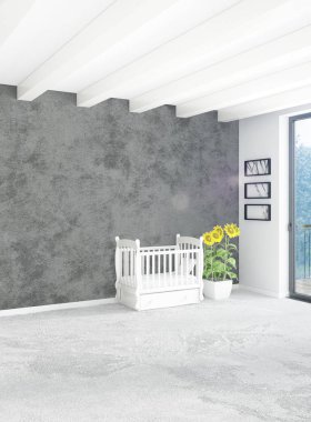 Beyaz yatak odası en az stil iç tasarım ahşap duvar ve gri Kanepeli. 3D render.