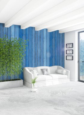 Beyaz yatak odası en az stil iç tasarım ahşap duvar ve gri Kanepeli. 3D render.