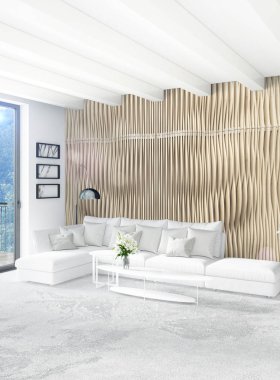 Beyaz yatak odası en az stil iç tasarım ahşap duvar ve gri Kanepeli. 3D render.