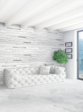 Beyaz yatak odası en az stil iç tasarım ahşap duvar ve gri Kanepeli. 3D render.