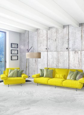 Beyaz yatak odası en az stil iç tasarım ahşap duvar ve gri Kanepeli. 3D render.