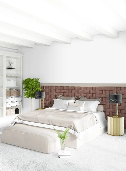 Quarto branco estilo mínimo Design de interiores com parede de madeira e sofá cinza. Renderização 3D . — Fotografia de Stock