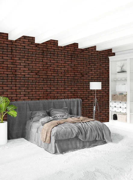 Beyaz yatak odası en az stil iç tasarım ahşap duvar ve gri Kanepeli. 3D render.