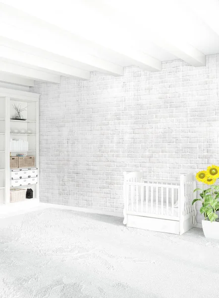 Beyaz yatak odası en az stil iç tasarım ahşap duvar ve gri Kanepeli. 3D render.