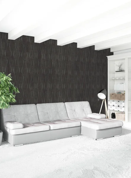 Beyaz yatak odası en az stil iç tasarım ahşap duvar ve gri Kanepeli. 3D render.