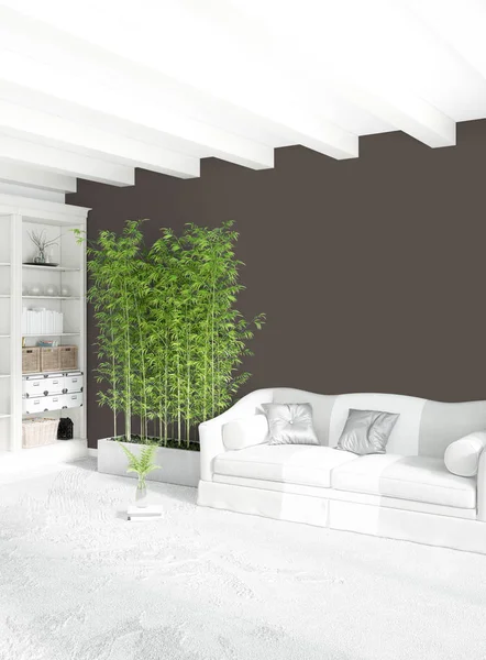 Beyaz yatak odası en az stil iç tasarım ahşap duvar ve gri Kanepeli. 3D render.