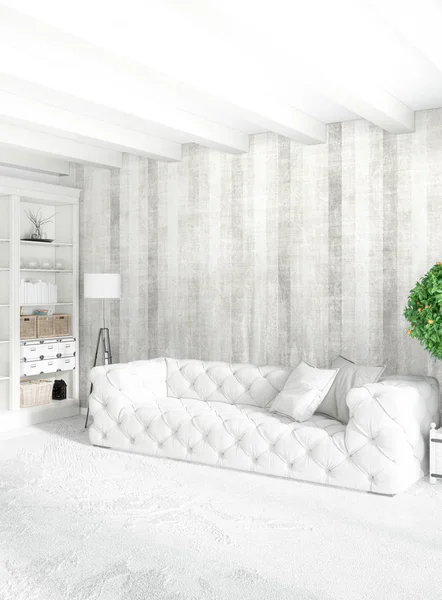 Beyaz yatak odası en az stil iç tasarım ahşap duvar ve gri Kanepeli. 3D render.