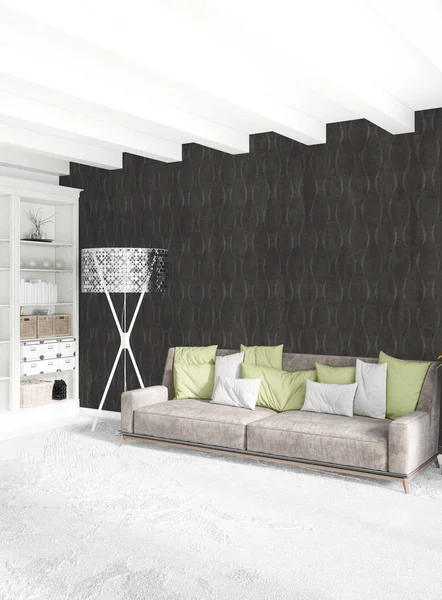 Beyaz yatak odası en az stil iç tasarım ahşap duvar ve gri Kanepeli. 3D render.