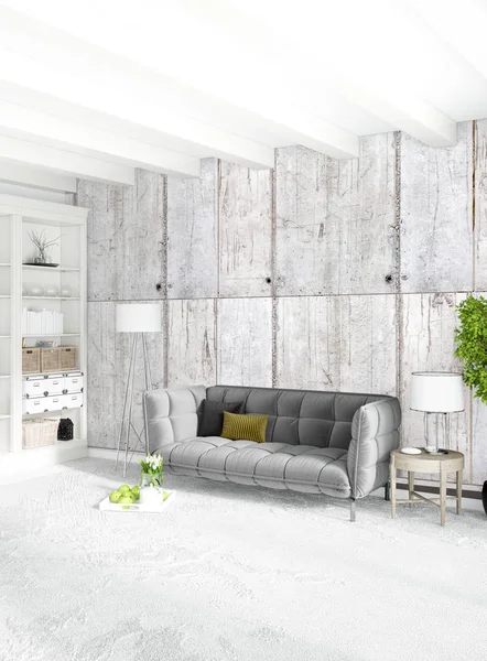 Beyaz yatak odası en az stil iç tasarım ahşap duvar ve gri Kanepeli. 3D render.