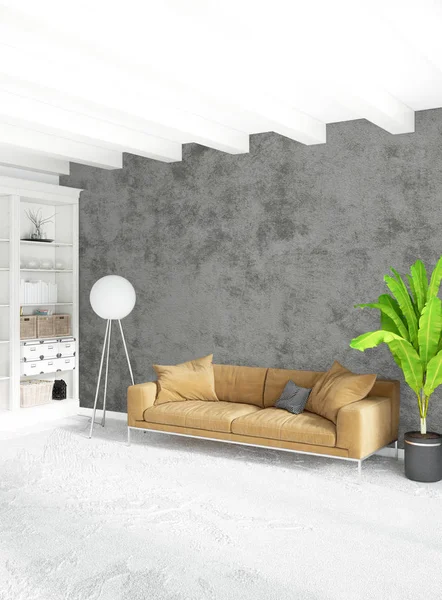 White bedroom minimal style Interior design with wood wall and grey sofa. 3D Rendering.