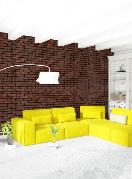 Modern yatak odası sarı kanepe lüks en az tarzı iç çatı tasarımı ile eklektik duvar. 3D render.