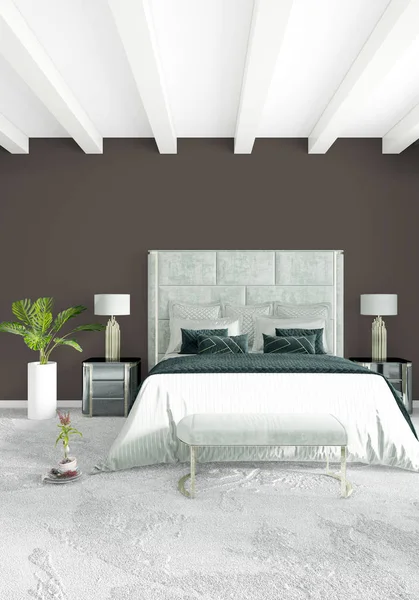 Beyaz yatak odası en az stil iç tasarım ahşap duvar ve gri Kanepeli. 3D render.