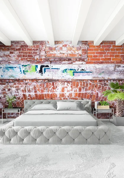 Beyaz yatak odası en az stil iç tasarım ahşap duvar ve gri Kanepeli. 3D render.